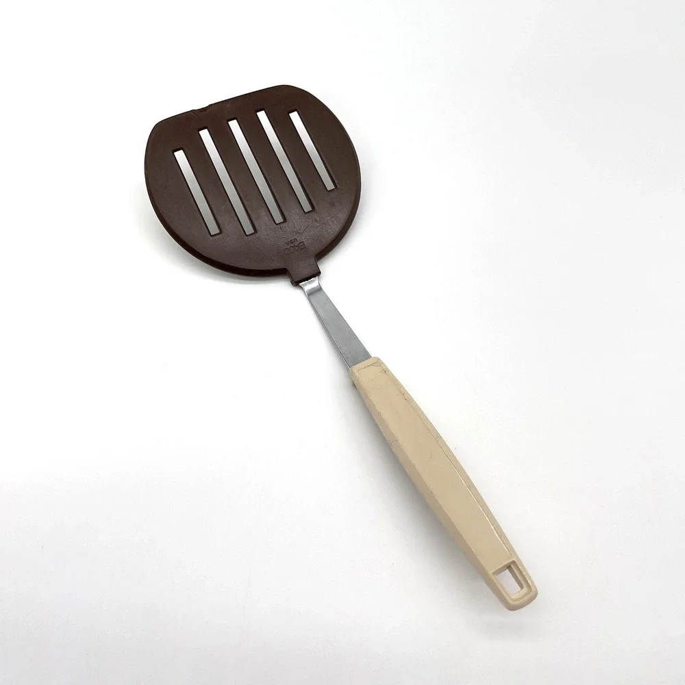 Vintage EKCO Slotted Spatula Turner Brown Nylon Tan Handle USA Kitchen Tool